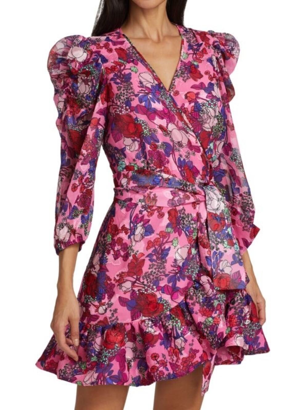 Tanya Taylor Sasha Pink Floral Puff-Sleeve A-Line Wrap Mini Party Dress Size 4
